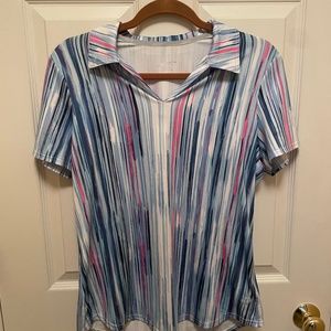 Joft Women's Fitted Open Neck Blue and Pink Striped Golf Shirt